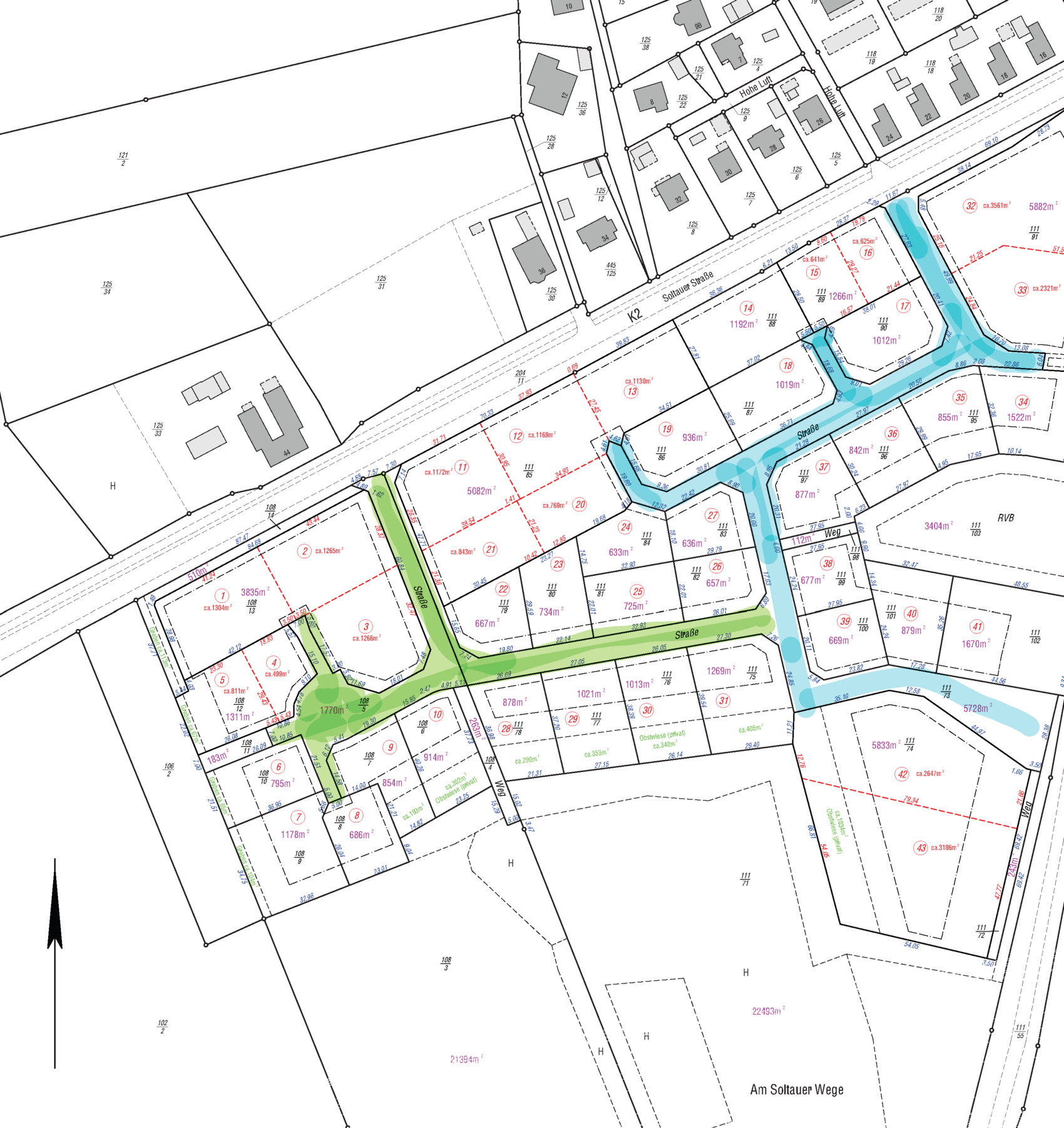 Das Bild zeigt einen Übersichtsplan des neuen Baugebiets in dem die beiden noch namenlosen Straßen farbig markiert sind.