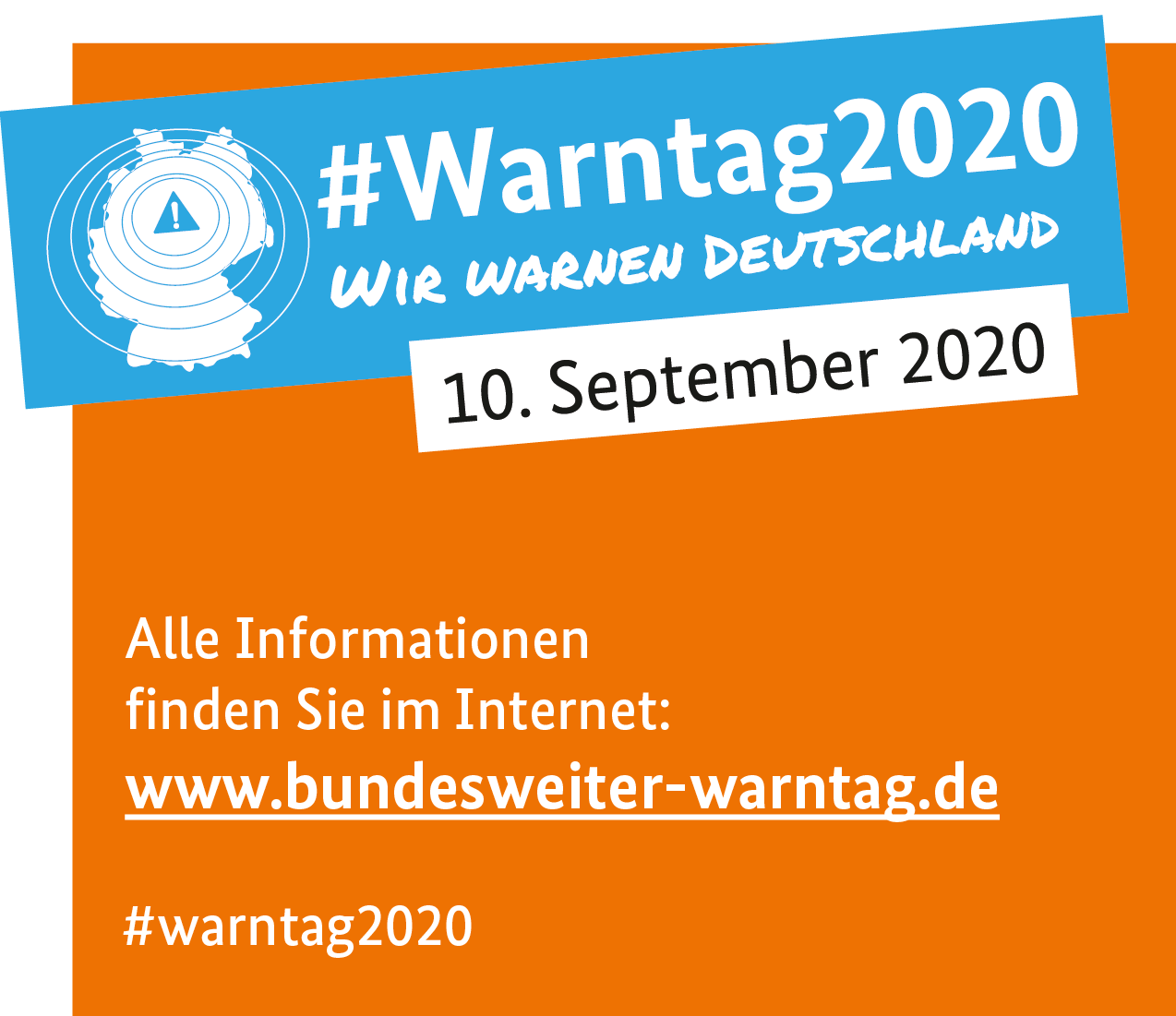 Hinweis Warntag 2020 Das Bild zeigt einen orangenen Werbebanner mit Hinweisen zum Warntag 2020.