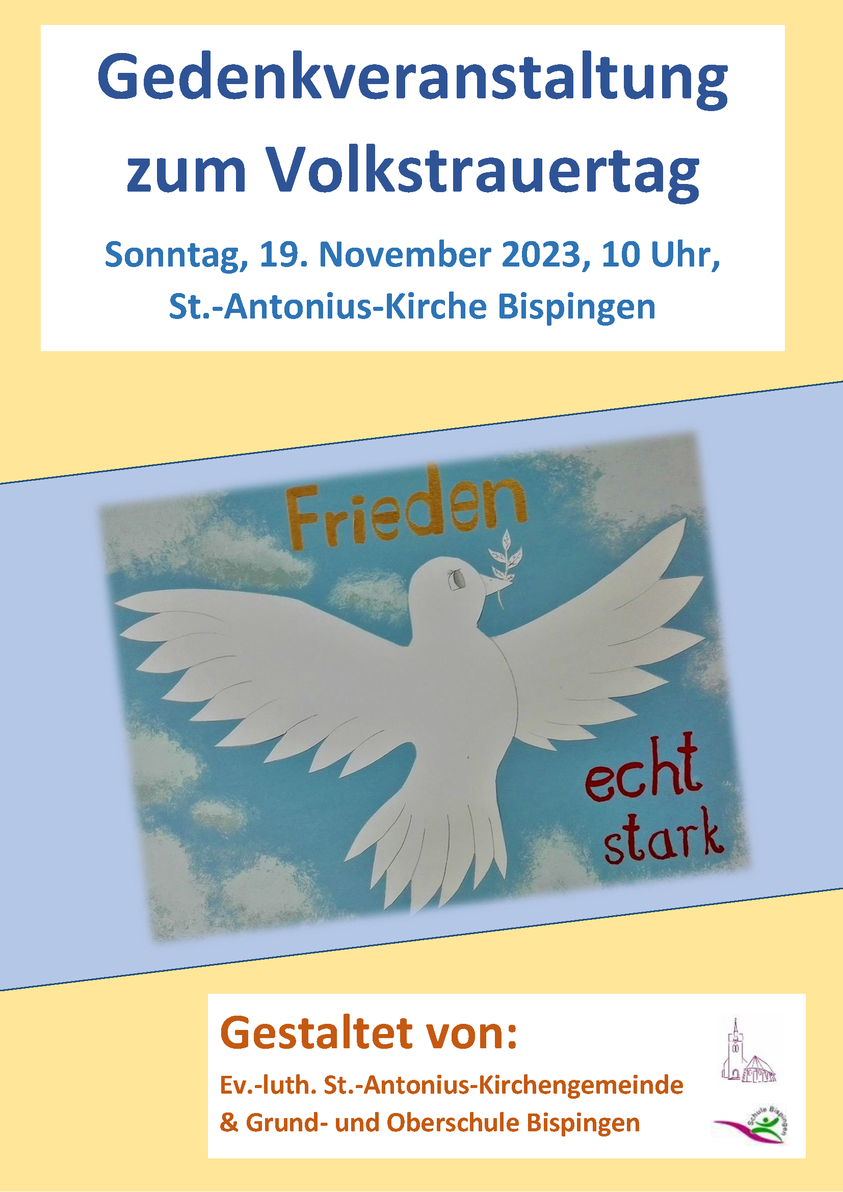 Das Bild zeigt die Einladung zum Volkstrauertag. In der Mitte ist die Zeichnung einer weißen Tauben mit Ölzweig abgebildet.