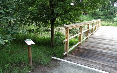Zwei Brücken führen entlang des Weges über die Luhe. Das Bild zeigt das EU-Förderschild neben der Brücke.