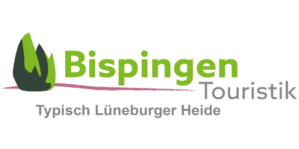 Logo der Touristik Bispingen mit grünem stilisiertem Baum und Schriftzug 'Bispingen Touristik Typisch Lüneburger Heide'.