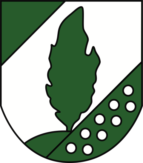 Wappen der Gemeinde Bispingen: Wappen der Gemeinde Bispingen: In der Mitte ein grüner Wacholderbaum auf einem grünen Hügel, umrahmt von zwei grünen Schrägflächen. Zwischen den Schrägflächen schweben neun weiße Kugeln in zwei Reihen (oben fünf, unten vier) auf weißem Grund.
