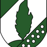 Wappen der Gemeinde Bispingen: Wappen der Gemeinde Bispingen: In der Mitte ein grüner Wacholderbaum auf einem grünen Hügel, umrahmt von zwei grünen Schrägflächen. Zwischen den Schrägflächen schweben neun weiße Kugeln in zwei Reihen (oben fünf, unten vier) auf weißem Grund.