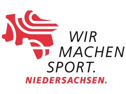 Logo mit stilisierter roter Niedersachsenkarte und Text 'WIR MACHEN SPORT. NIEDERSACHSEN.'