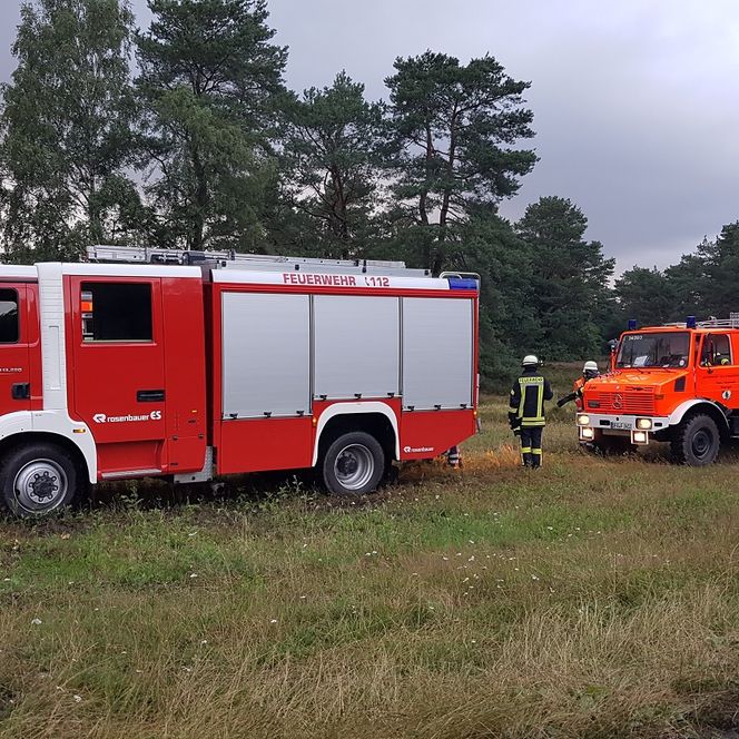 Zwei rote Feuerwehrfahrzeuge auf einer Wiese, Feuerwehrleute in Schutzkleidung zwischen den Fahrzeugen, bewölkter Himmel und Bäume im Hintergrund