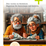 Zwei ältere Personen mit grauen Haaren und Brillen, die nebeneinander stehen. Text: 'Generation plus +', 'Älter werden im Heidekreis Wegweiser für Seniorinnen und Senioren', 'Ausgabe 2025–2026', Logo 'Heidekreis'.