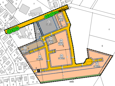 Lageplan des Baugebiets Gillenmoor mit farblich markierten Bauflächen, Straßen, Grünflächen und angrenzender Wohnbebauung.