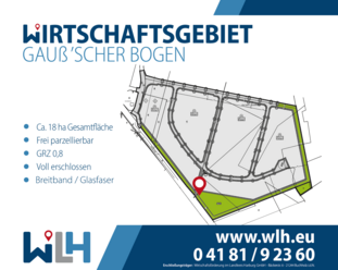 Lageplan des Wirtschaftsgebiets Gauß'scher Bogen mit ca. 18 Hektar Fläche, frei parzellierbar, GRZ 0,8, voll erschlossen, mit Breitband und Glasfaseranschluss