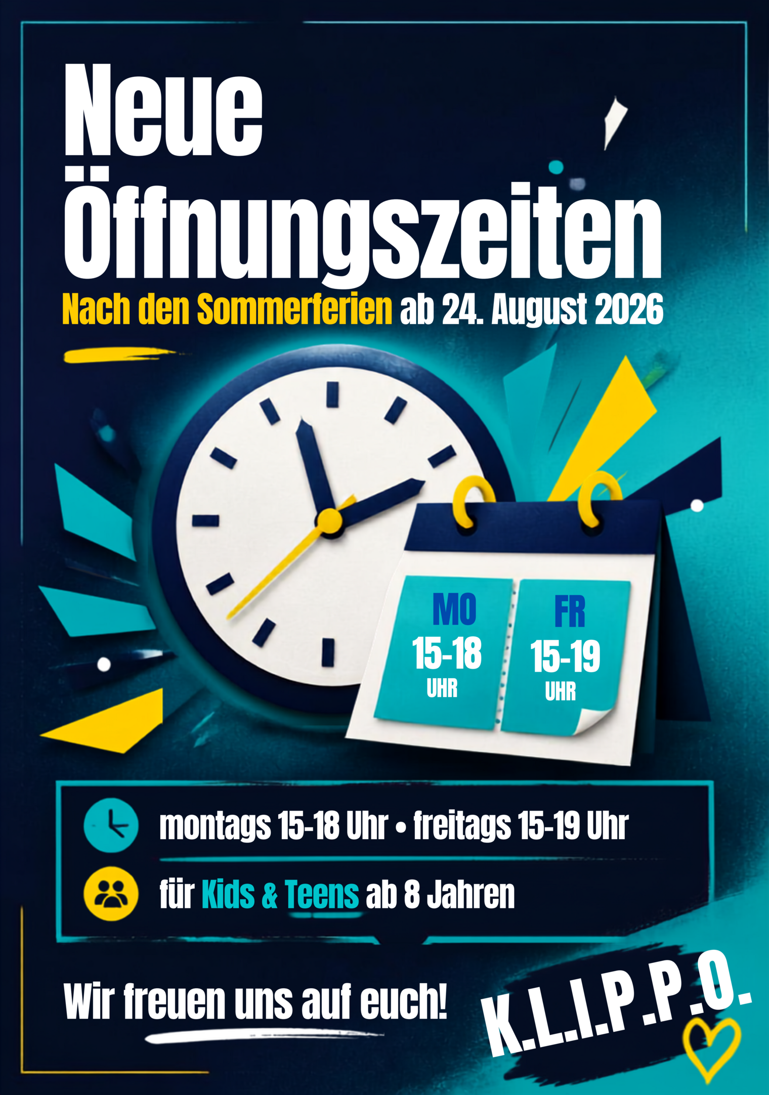 Grafik mit Uhr und Kalenderblatt zeigt neue Öffnungszeiten montags 15-18 Uhr und freitags 15-19 Uhr für Kids & Teens ab 8 Jahren ab 24. August 2026