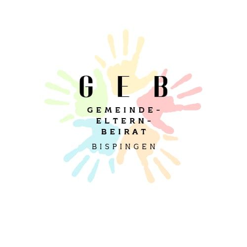 Logo des Gemeinde-Eltern-Beirats Bispingen mit den Buchstaben G E B und bunten Handabdrücken im Hintergrund