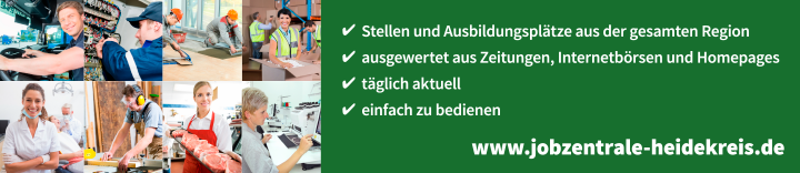 Grüne Infografik mit weißen Häkchen und Text zu Stellen und Ausbildungsplätzen, Auswertung aus Zeitungen, Internetbörsen und Homepages, tägliche Aktualität, einfache Bedienung, Website www.jobzentrale-heidekreis.de.
