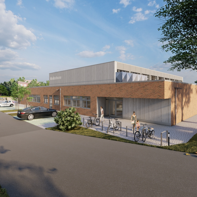 Perspektivische Ansicht aus erhöhter Position. Visualisierung eines modernen Gebäudekomplexes mit flachem Dach und weitläufiger Wegeführung. Im Vordergrund ist ein barrierefreier Eingangsbereich mit klarer Wegführung zu sehen. Der Neubau ist für eine inklusive Nutzung als Mensa mit Veranstaltungsräumen geplant. Breite Zugänge, kontrastreiche Materialien und übersichtliche Strukturen ermöglichen eine einfache Orientierung und Teilhabe.