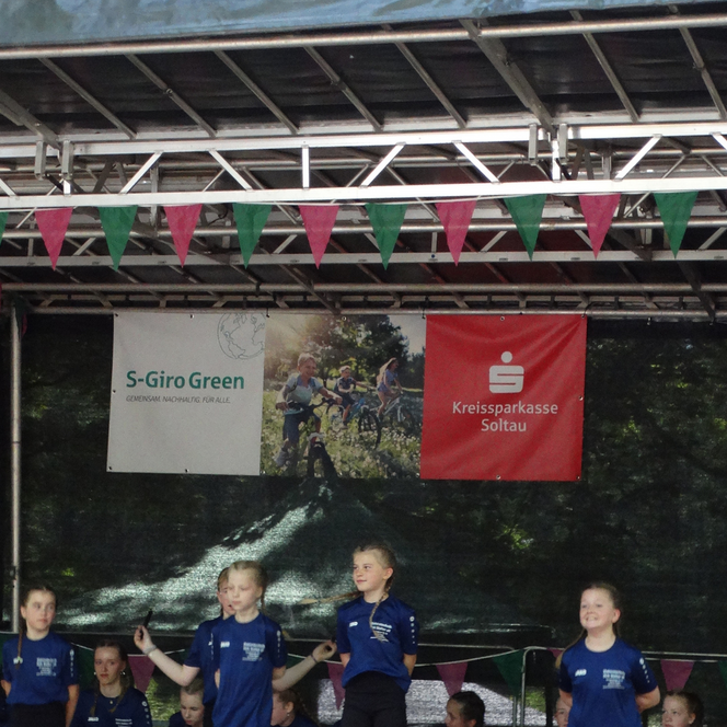 Fünf Personen in blauen T-Shirts stehen auf einer Bühne mit Girlanden in Rot, Grün und Weiß, im Hintergrund drei Werbebanner.