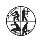 Vier Symbole in einem Kreis, die Feuerwehraktivitäten zeigen: Feuer löschen, Rettung mit Haken, Wasserpumpen und Schlauch ausrollen