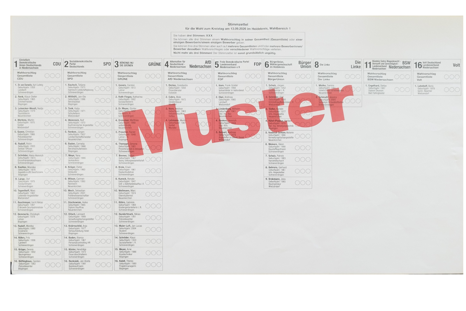Musterstimmzettel für Kreistagswahl
