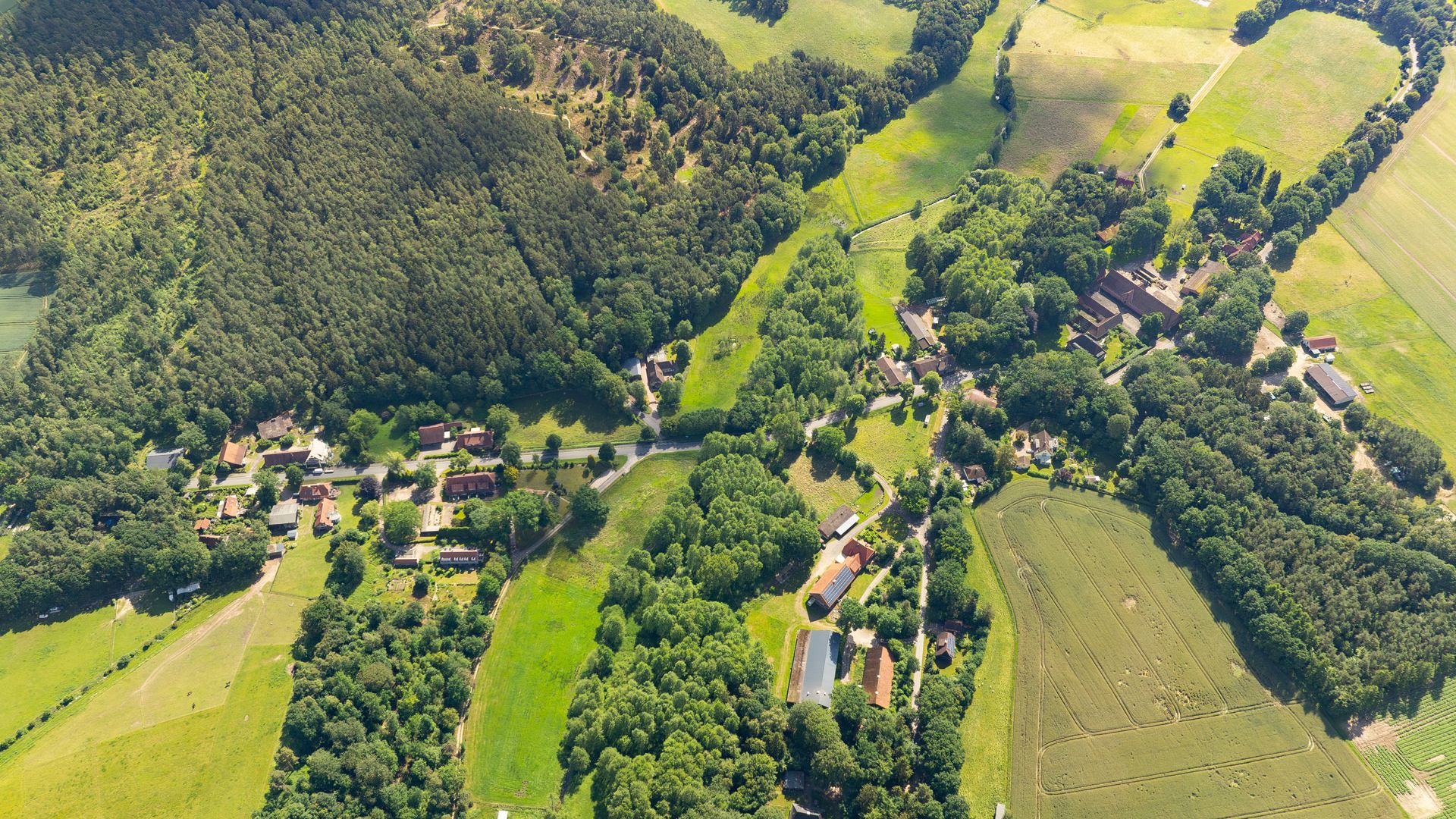Luftbildaufnahme von Borstel 2024, zeigt eine grüne Landschaft mit Wäldern, Feldern und verstreuten Wohngebäuden.