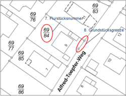Kartenausschnitt mit Flurstücknummer 69/84 und Grundstücksgrenze am Alfred-Toepfer-Weg, Gebäude und Parzellennummern sichtbar
