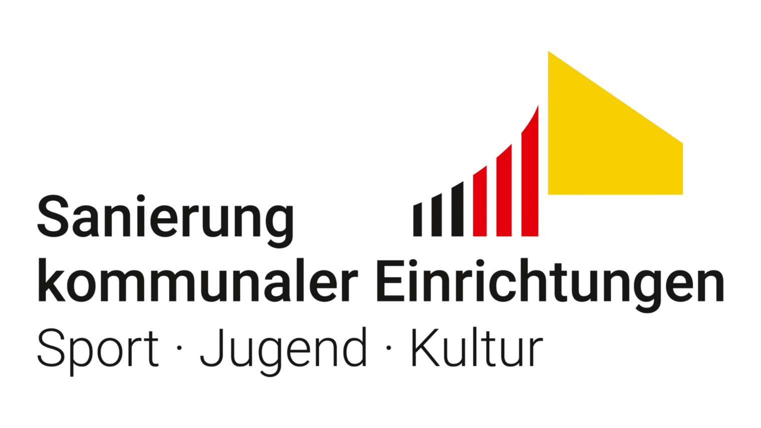 Logo mit gelbem und roten Balkendiagramm und dem Text 'Sanierung kommunaler Einrichtungen Sport Jugend Kultur'