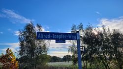 Blaues Straßenschild mit weißer Schrift 'Alfred-Toepfer-Weg' vor Bäumen und bewölktem Himmel im Hintergrund.