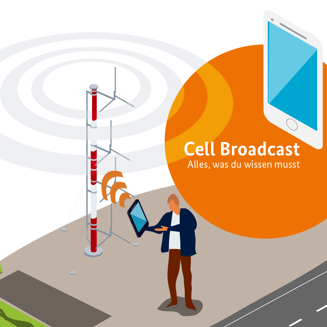 Mann empfängt Cell Broadcast-Warnung auf Tablet von Sendemast, Text 'Cell Broadcast Alles, was du wissen musst', Bezug auf bundesweiten Warntag