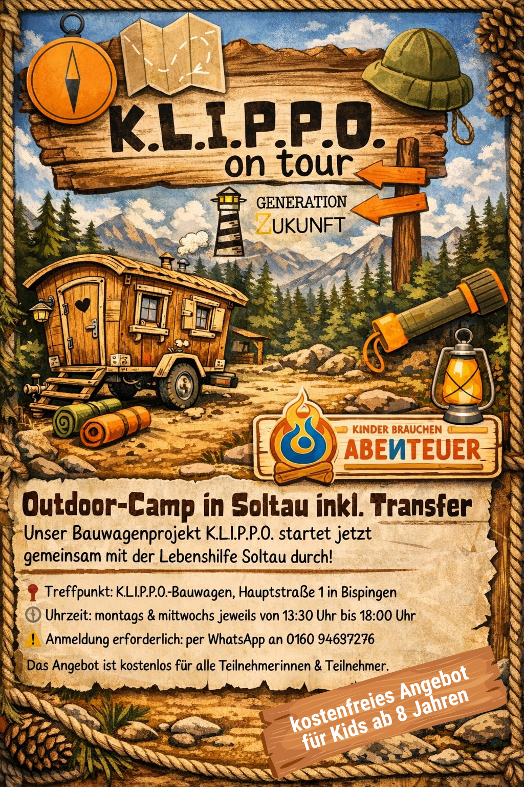 Holzschild mit der Aufschrift 'K.L.I.P.P.O. on tour' vor einer Landschaft mit Bergen, Wald und einem Leuchtturm, daneben ein Bauwagen, ein Kompass, eine Karte, ein Helm, ein Fernglas, eine Laterne und ein Lagerfeuer-Symbol mit dem Text 'Kinder brauchen Abenteuer'.
