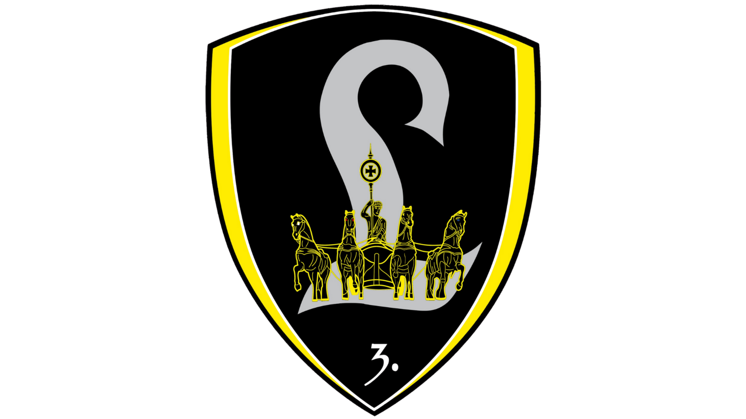 Schwarzes Schild mit gelbem Rand, darin stilisierte weiße Schwanenfigur und goldene Kutsche mit vier Pferden und zwei Personen, Logo der Patenkompanie