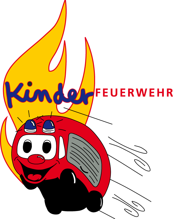 Logo der Kinderfeuerwehr mit einer roten, lachenden Feuerwehrautofigur vor einer großen gelben Flamme