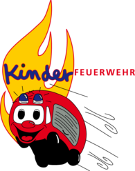 Logo der Kinderfeuerwehr mit einer roten, lachenden Feuerwehrautofigur vor einer großen gelben Flamme