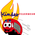 Logo der Kinderfeuerwehr mit einer roten, lachenden Feuerwehrautofigur vor einer großen gelben Flamme