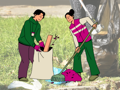 Zwei Personen sammeln Müll im Freien, eine hält einen großen Sack, die andere benutzt eine Harke, im Hintergrund hängt ein großer Müllsack an einem Gestell.