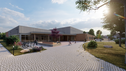 Ansicht mit Vorplatz und Glasfassade: Architektonische Visualisierung eines modernen, eingeschossigen Neubaus mit großer Glasfront. Das Gebäude ist barrierefrei zugänglich über einen gepflasterten Vorplatz mit Sitzgelegenheiten. Die helle Fassade, flache Dachkonstruktion und großzügige Fensterflächen erzeugen einen offenen, einladenden Eindruck. Vorgesehen ist die Nutzung als Mensa mit Veranstaltungs- und Begegnungsräumen im Rahmen des Projekts ZweiMitMusik.