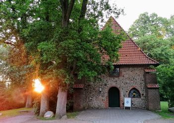 Ole Kerk Bispingen, kleine steinerne Kirche mit spitzem Ziegeldach, umgeben von Bäumen bei Sonnenuntergang