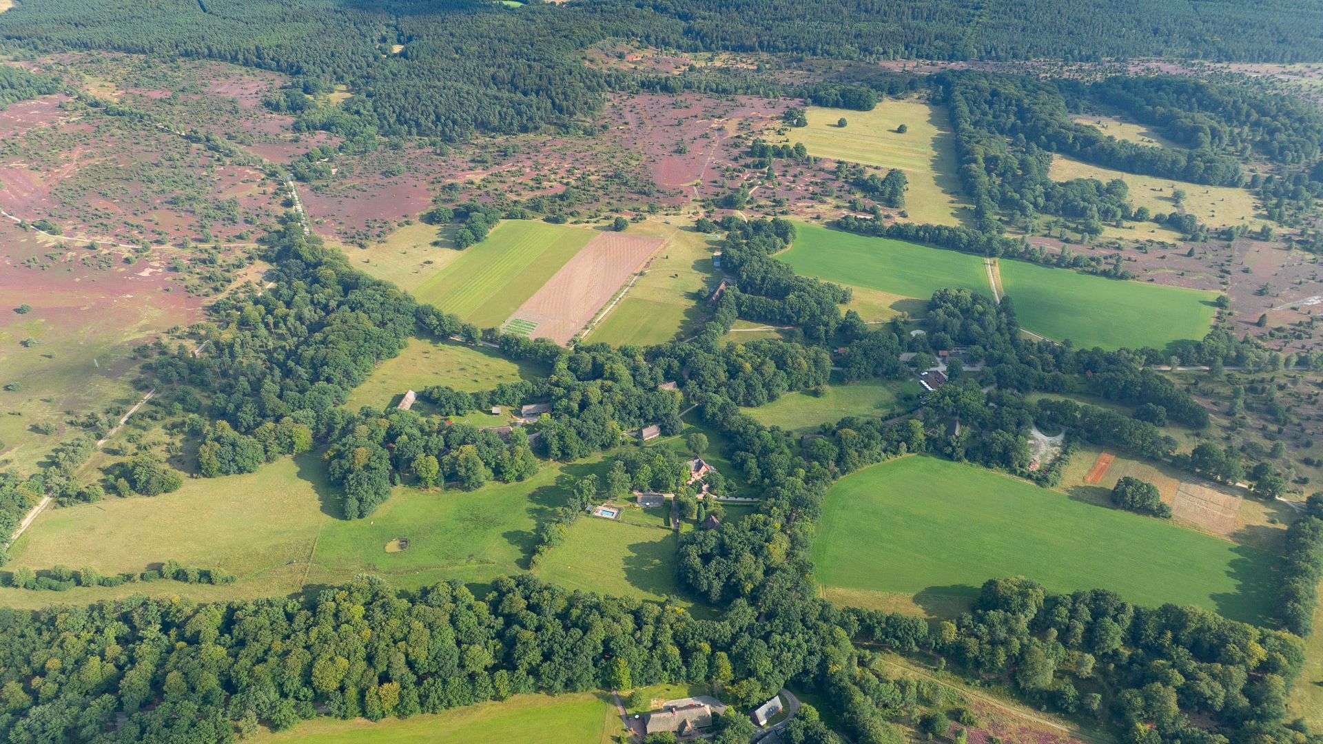 Luftbildaufnahme von Wilsede 2024, zeigt eine weitläufige Landschaft mit Wäldern, Feldern und landwirtschaftlichen Flächen in verschiedenen Grüntönen.