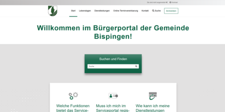 Bild der Startseite des Bürgerportals der Gemeinde Bispingen mit Suchfunktion und Willkommensgruß